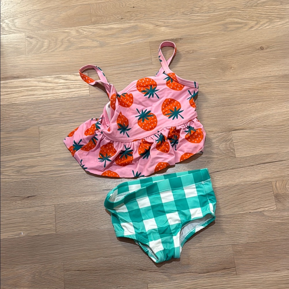 Pink Strawberry Print Top and Green Checkered Bottom Set